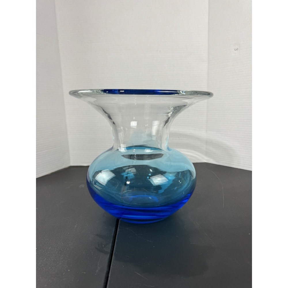 Beautiful Hand Blown Blue Glass Vase Vintage Heavy Medium Sized